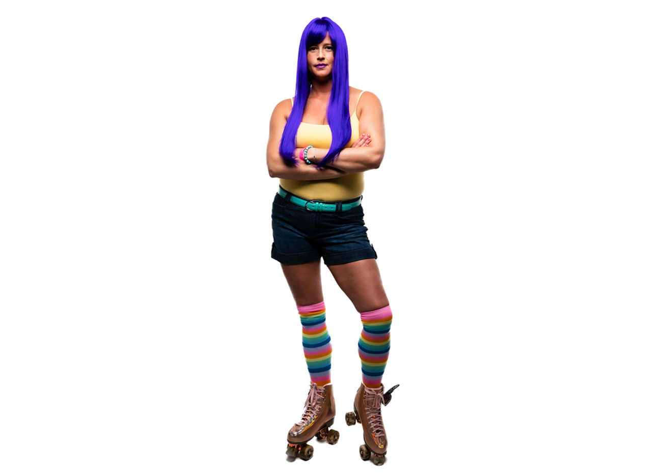 Krystyn poses in her rollerskates and purple wig for the Elevate Salon