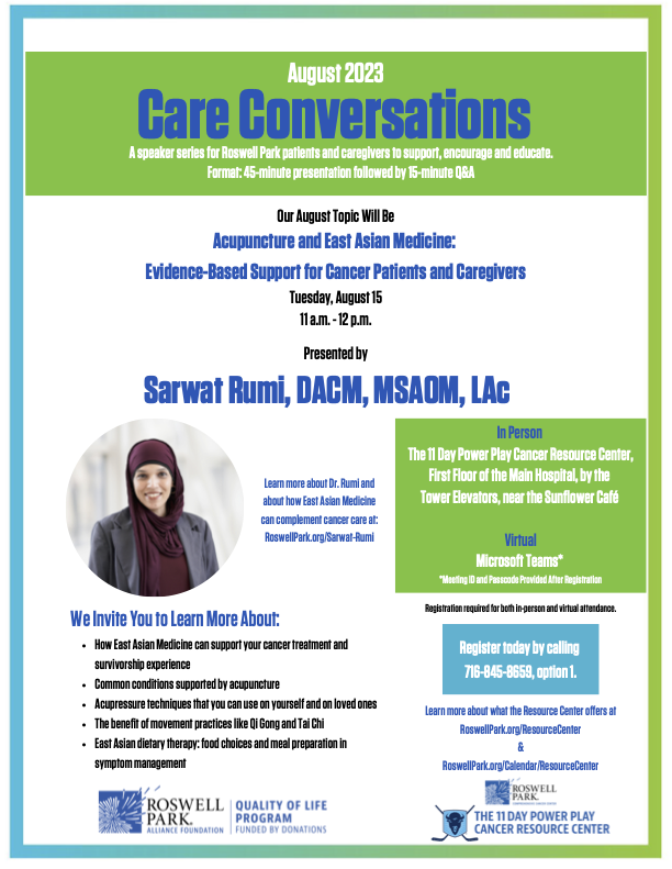 Flyer for Care Conversations session with acupuncturist Dr. Sarwat Rumi