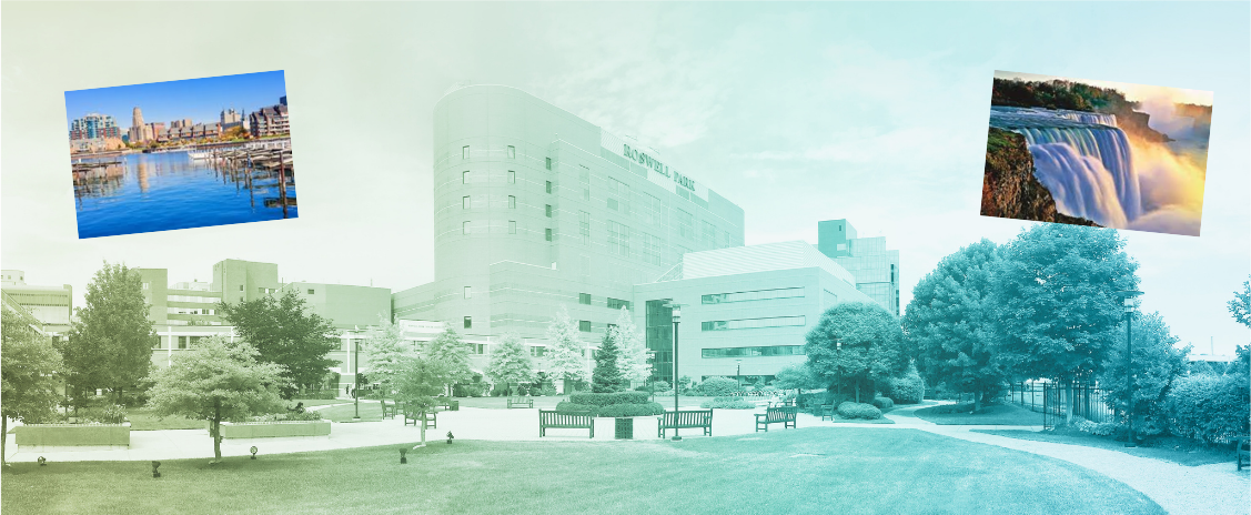 Roswell Park campus with photos of Buffalo and Niagara Falls