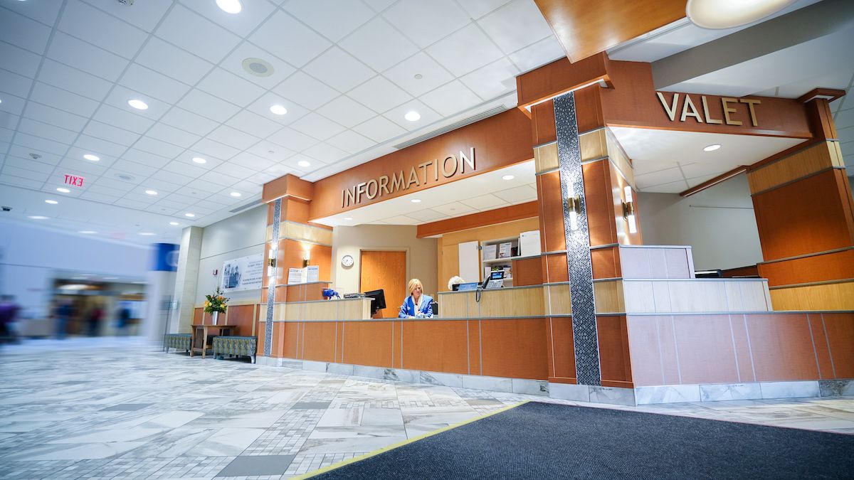 Main lobby, information desk and valet services in the front of the main hospital.