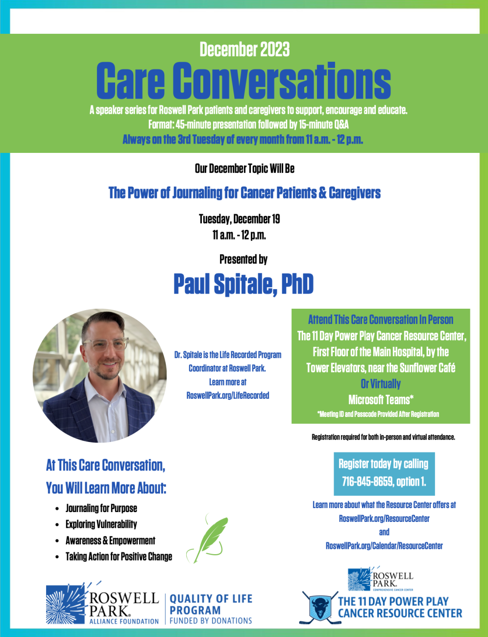 Care Conversations Flyer - Journaling with Paul Spitale, Dec 2023