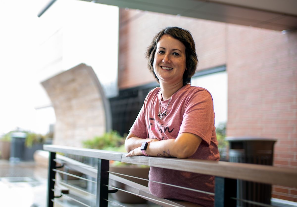 Jennifer Makin, breast cancer patient, poses on the Patient Terrace