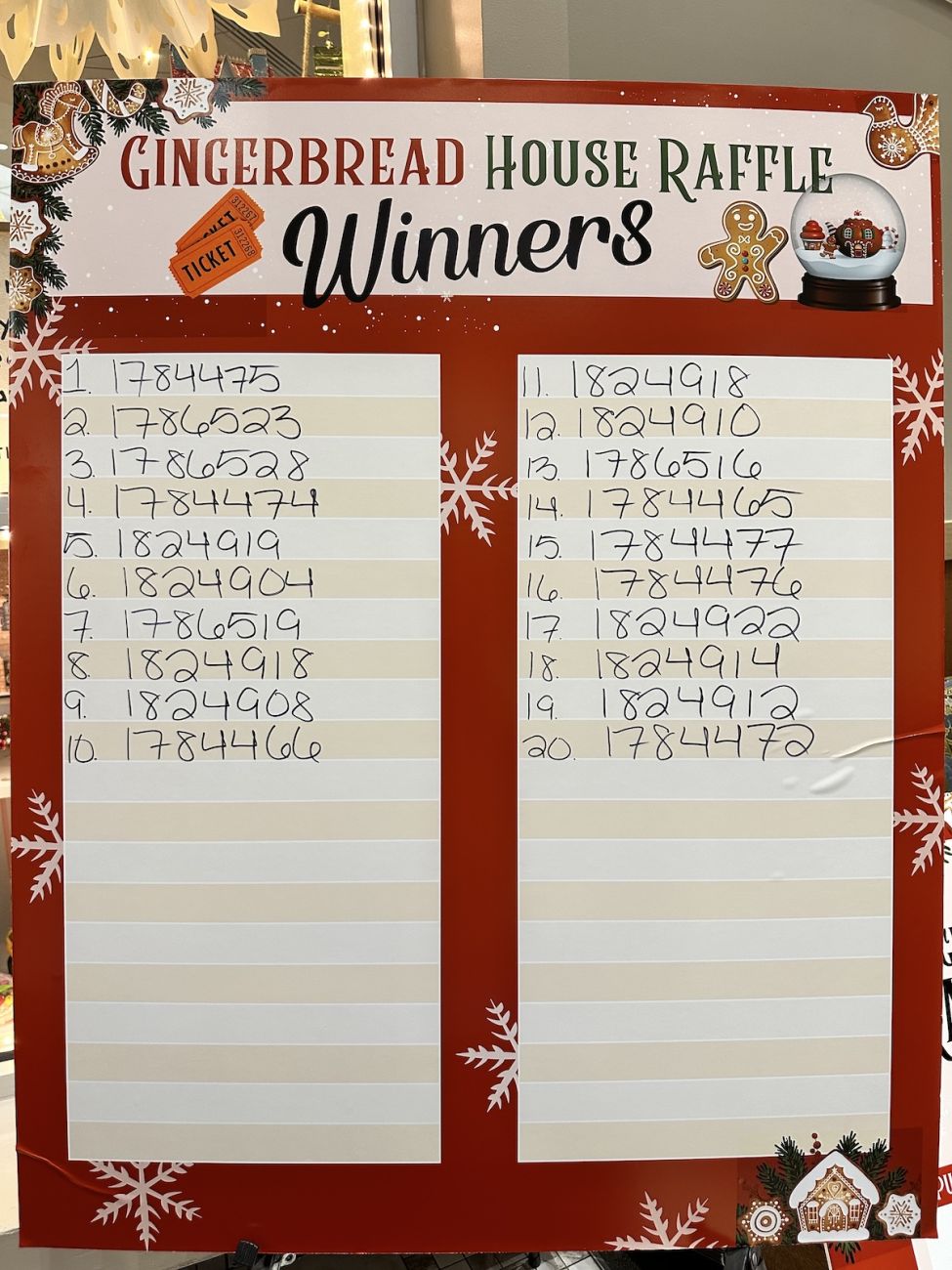 Board with winning raffle numbers