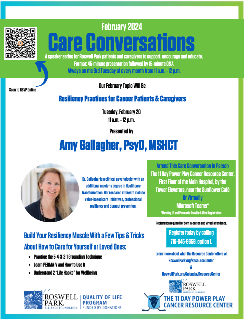 Care Conversations flyer - Resiliency with Amy Gallagher, PsyD, MSHCT