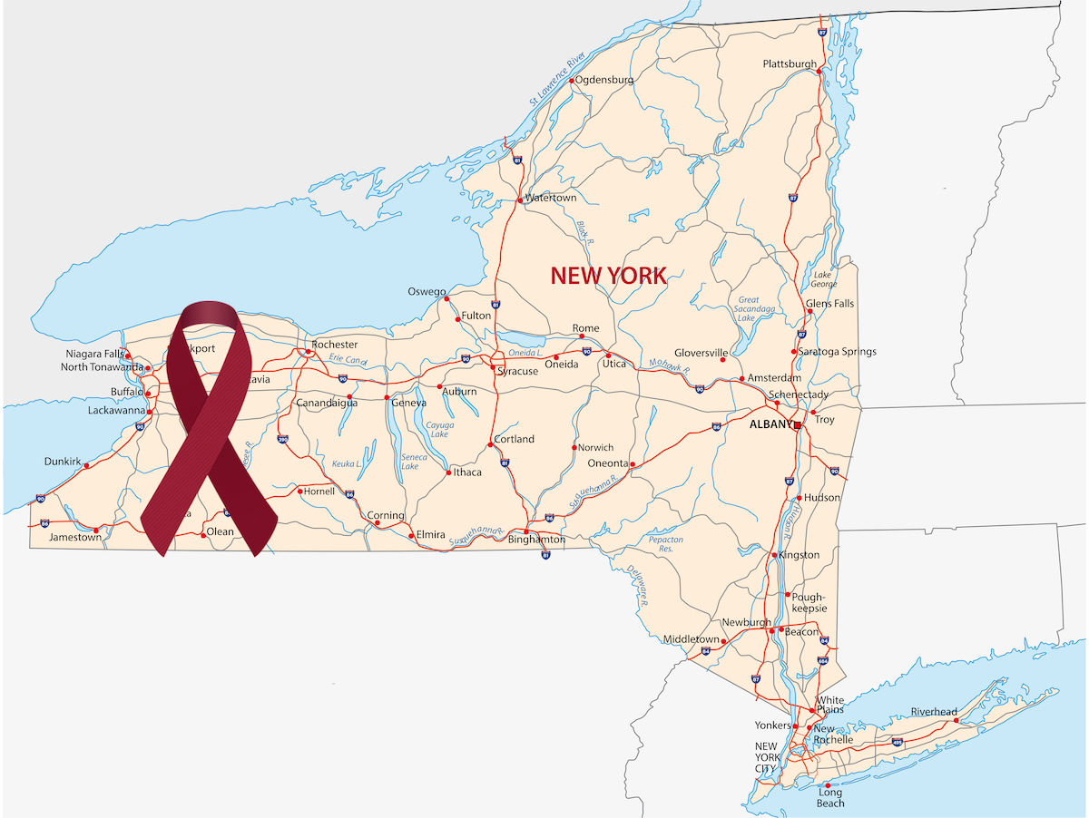 Map of New York State with cancer ribbon over WNY