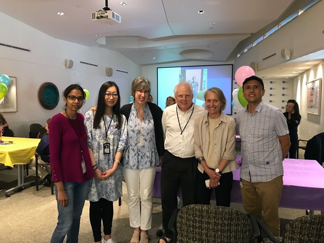 From left: Neha Jaiswal (former post-doc), Renyuan Zhang (former PhD student), Ellen Sanders-Noonan (retired Dept. Administrator), John Krolewski (retired collaborator), Nadia Ghent (JK’s wife), Aerken Maolake (research scientist):  Kent Nastiuk (photographer)