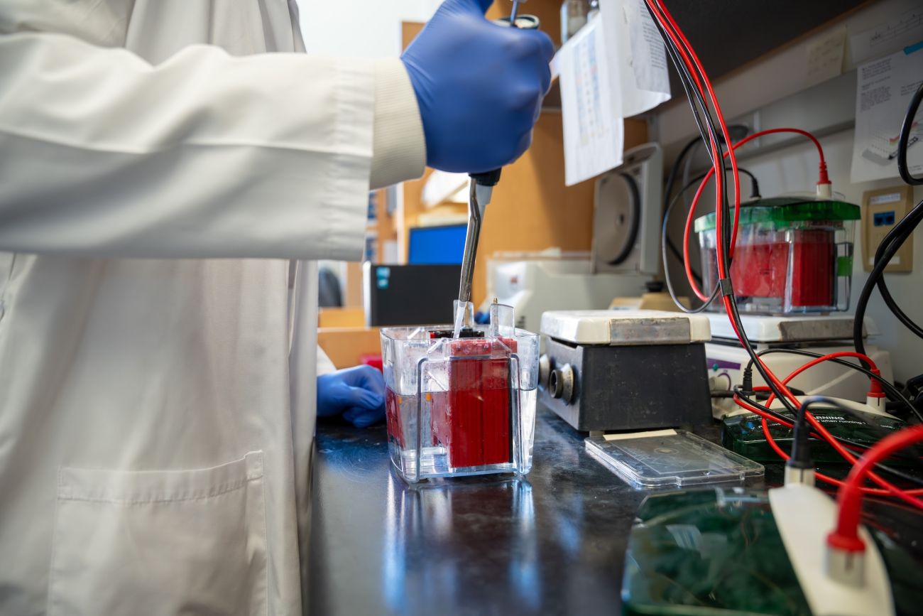 A hand filling a vial