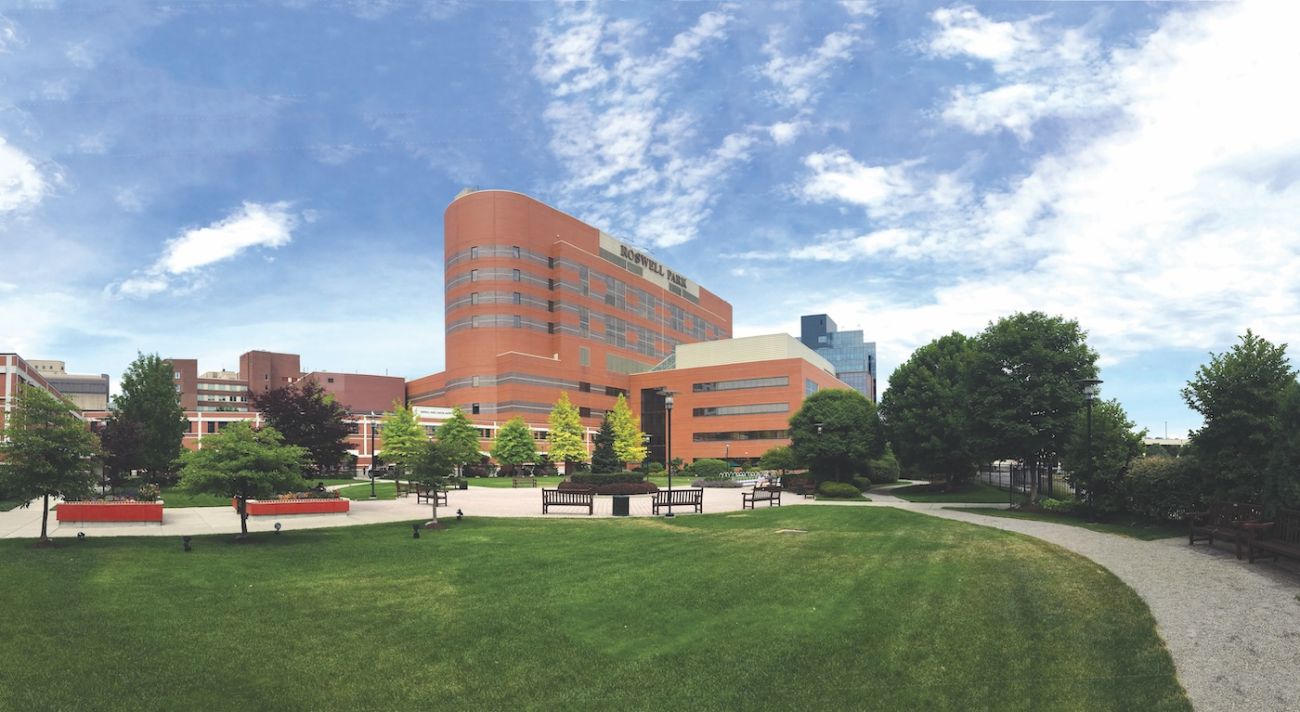 Roswell Park Comprehensive Cancer Center campus in the summer, standing in Kaminski Park