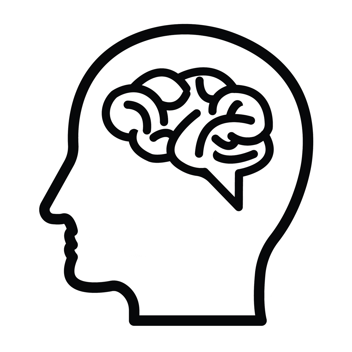 A black and white line drawing of a head with a brain inside of it
