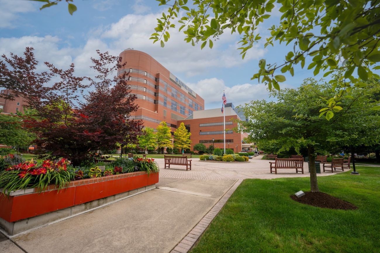 Photo of the Roswell Park campus through Kaminski Park