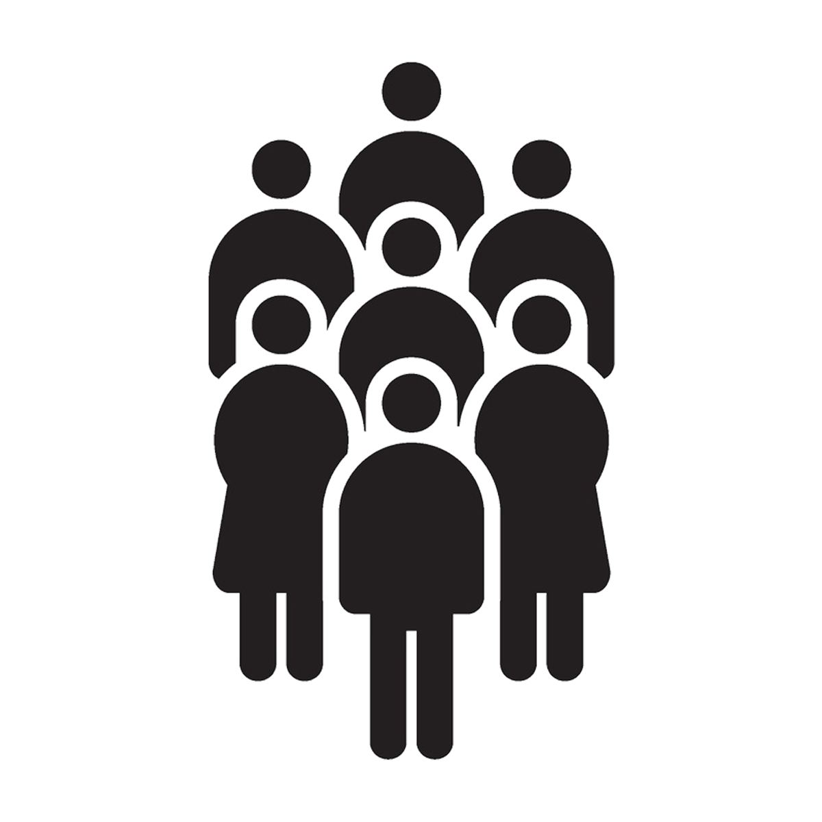 7 black and white stick figures representing a community