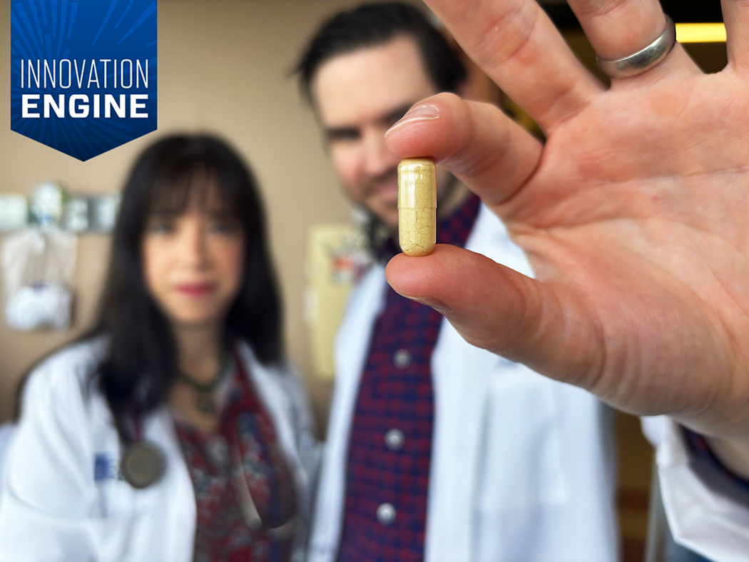 Photo of doctors with a psilocybin capsule