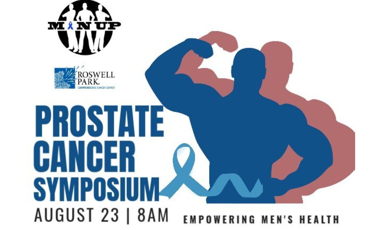 A poster image of a man flexing his muscles with information about a prostate cancer symposium on August 23, 2025. 