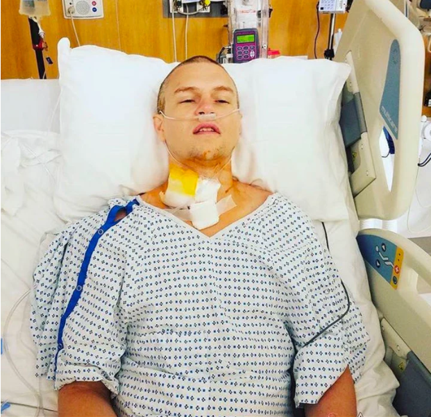 Ryan O'Connor after surgery to remove a tumor between his C4 and C5 vertebrae.