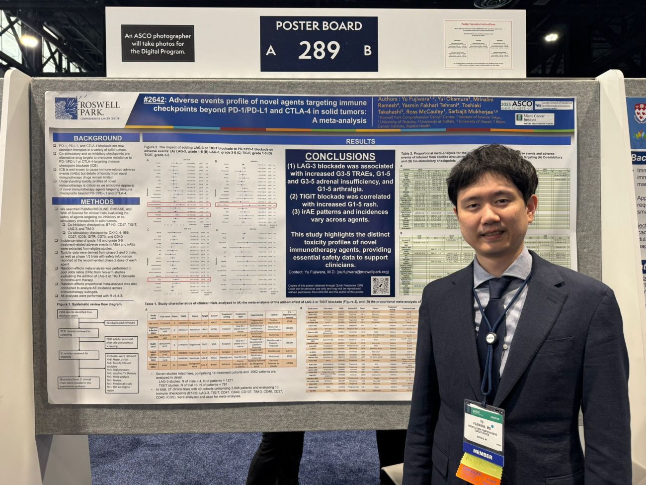 Hematology oncology fellow Yu Fujiwara smiles with poster research findings at ASCO 2025