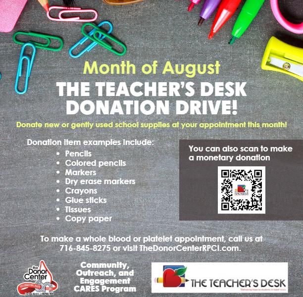 A flyer of donations being accepted by the Donor Center in support of the Teacher's Desk