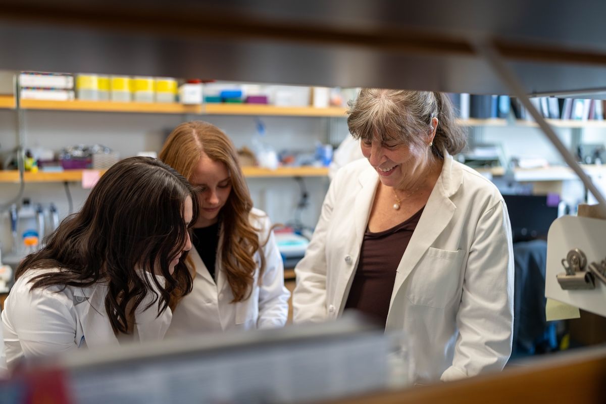 3 scientists speaking at a lab bench