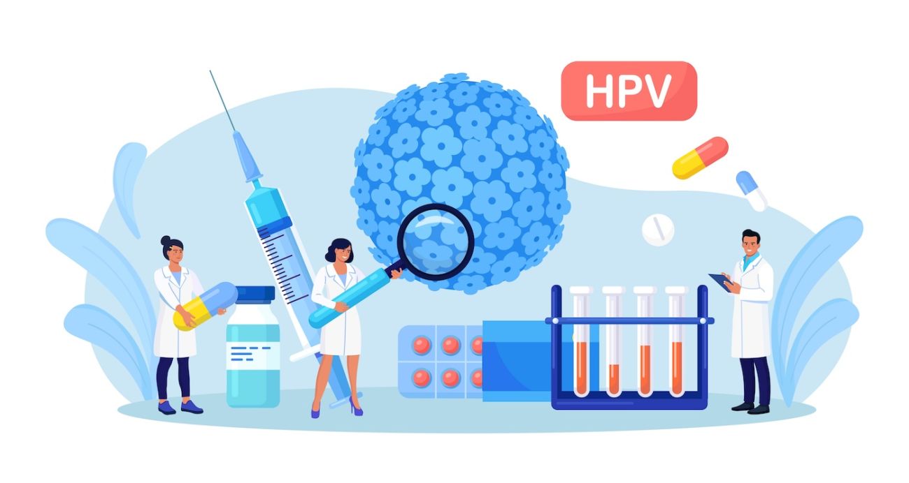 Cartoon drawing of doctors investigating an HPV cell with test tubes and a vaccine. 