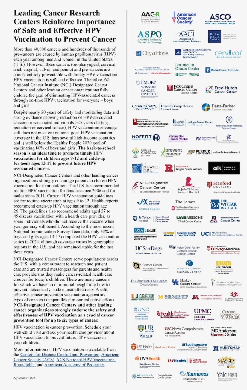 Text about cancer centers supporting HPV vaccination on left with more than 60 logos on right