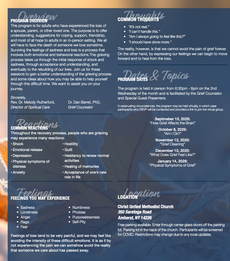 Schedule and write up for Healing a Grieving Heart Support Group Fall / Winter 2025 2026