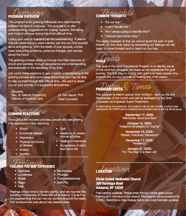 Write up and schedule for Young, Grieving Spouse Support Group - Fall/Winter 2025-2026