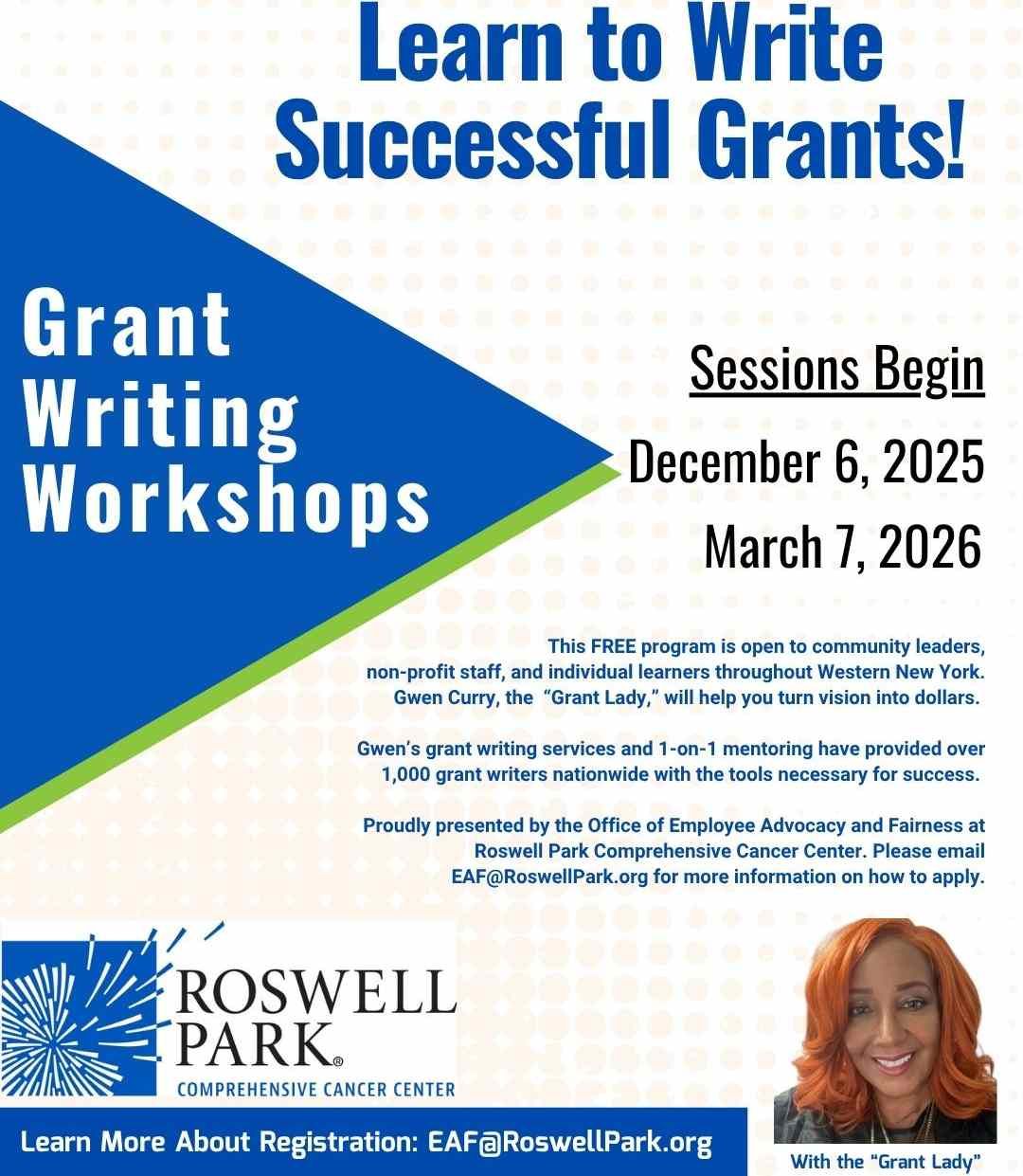 Poster for an upcoming grant writing workshop for nonprofits