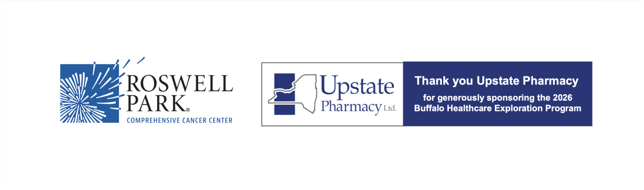 Roswell Park and Upstate Pharmacy logos that read "thank you Upstate Pharmacy for generously sponsoring the 2026 Buffalo Healthcare Exploration Program"