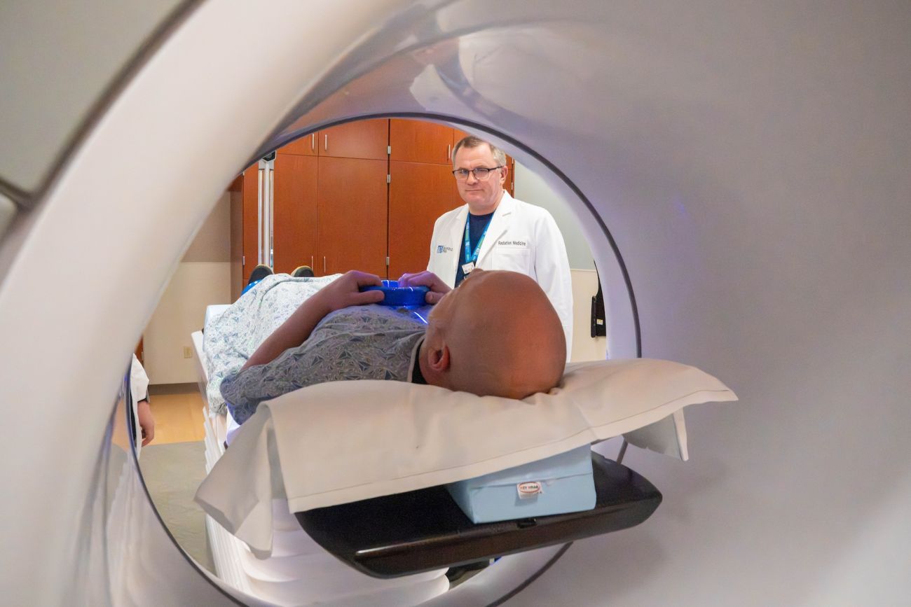 A patient receives radiation for cancer treatment