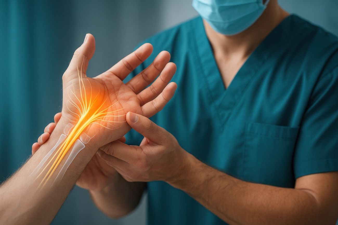 Hand with nerves visible being looked at by a doctor