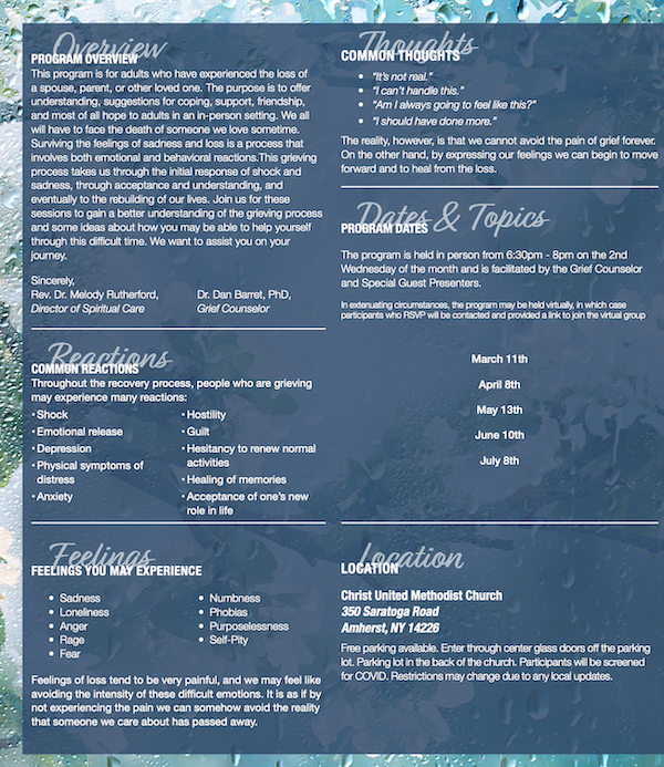 Schedule and write up for Healing a Grieving Heart Support Group Spring/Summer 2026