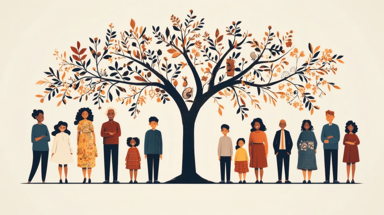 A drawing of a group of people standing underneath a tree representing a family tree and how genetics play into cancer risk