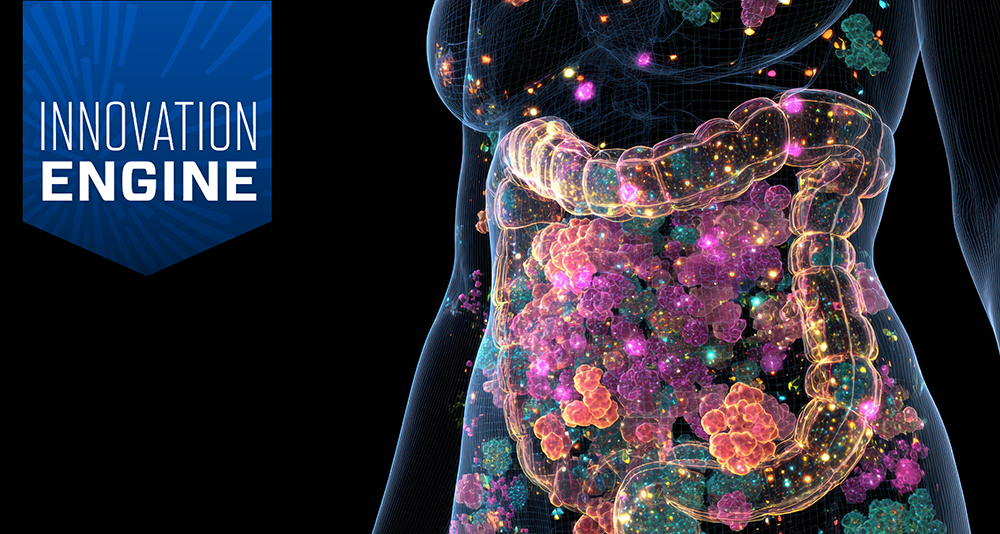 Image of biome in the gut with an blue badge in the corner reading Innovation Engine