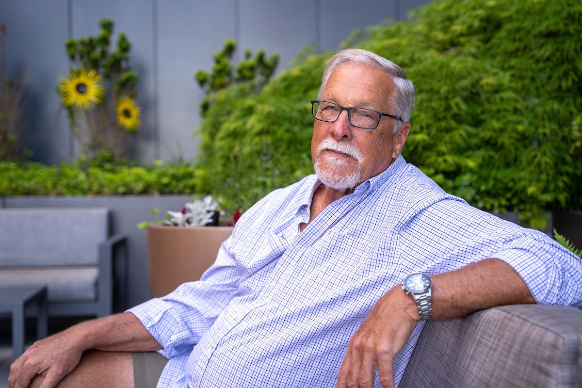 Melanoma patient Eric Schleifer, poses on the MMMB Patient Terrace