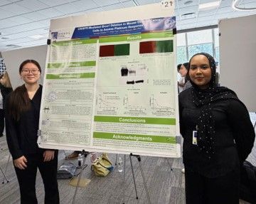 A group of scientists presenting their findings at a poster presentation
