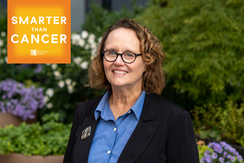 A photo of Dr. Mary Reid with the Smarter than Cancer podcast logo in the corner