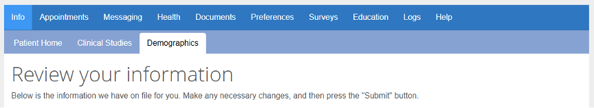 Demographics tab of a patient portal
