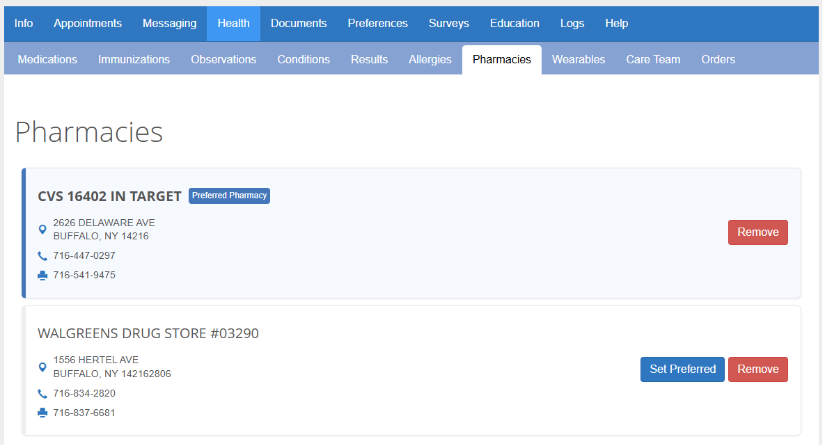 Pharmacy section of an online patient portal