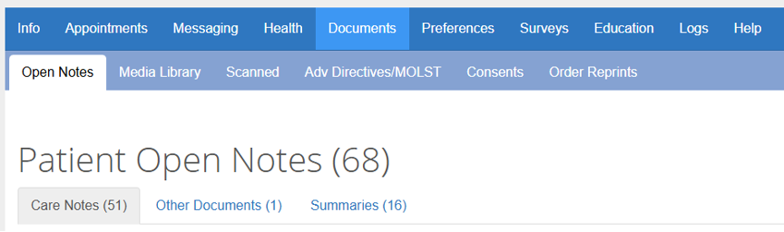 Documents section of a patient portal