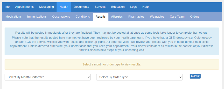 Testing results tab inside of a patient portal