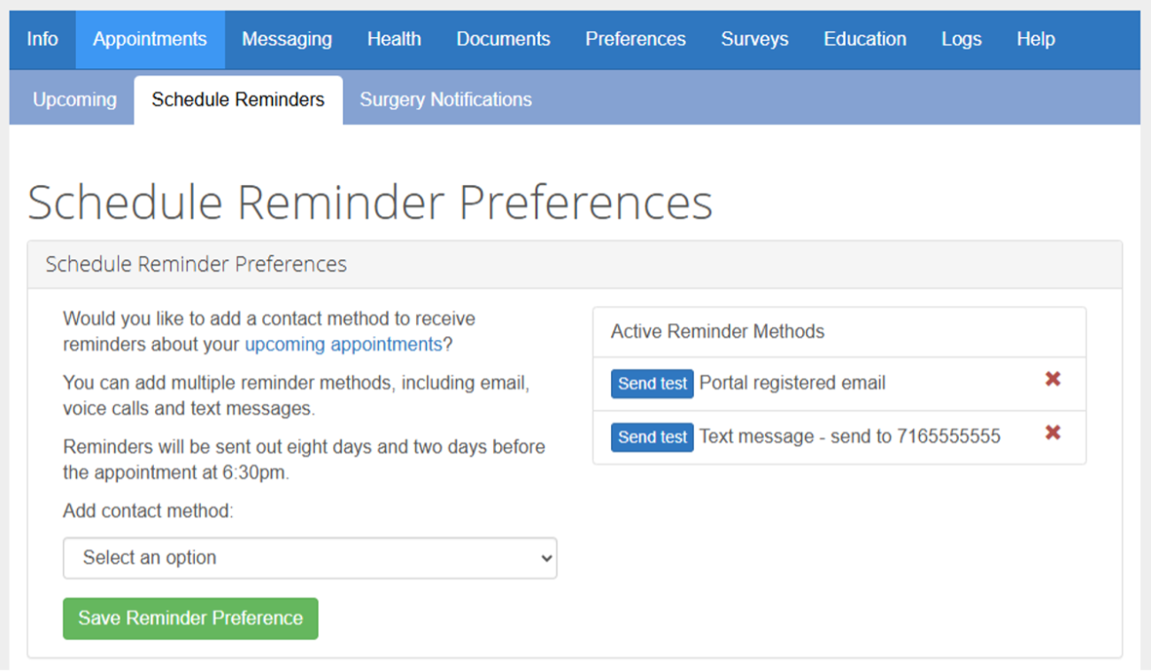 Appointment reminder notifications inside of an online patient portal
