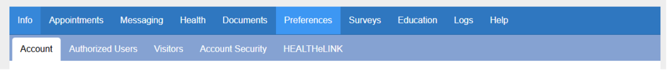 Account preferences tab inside a patient portal
