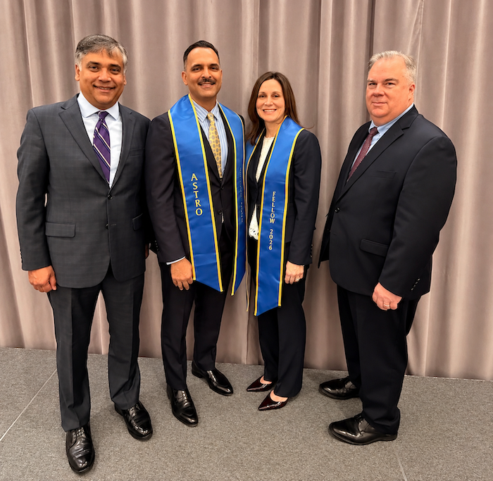 Radiation residents Dr. Luqman Dad, Dr. Kilian Salerno stand with Drs. Singh and Kuettel honored with the ASTRO Fellow (FASTRO) designation