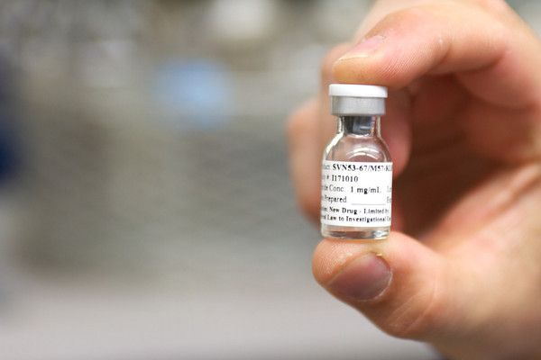 A vial of the SurVaxM vaccine in the Fenstermaker and Ciesielski lab 