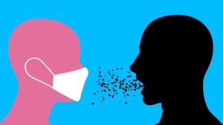 Image of a person wearing a mask while another person who is not wearing a mask spews germs into the air
