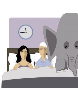Cartoon of elephant in bed with a man and woman