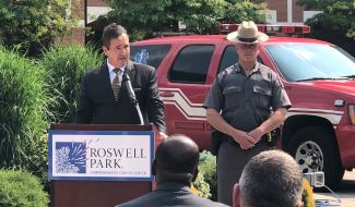 Congressman Brian Higgins speaking at Roswell Park, July 7, 2021.