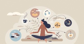 Illustration of person amid idepictions of sleep, exercise, reading, healthy food
