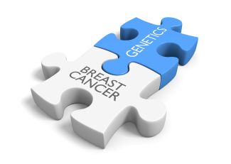 Graphic of puzzle pieces displaying the words "Breast Cancer" and "Genetics"