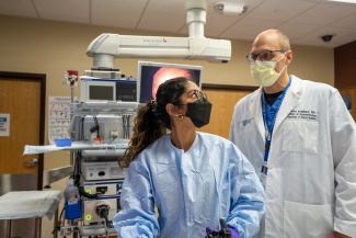 Dr. Sehrish Jamot and Dr. Kevin Robillard perform an endoscopic procedure on a patient