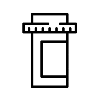 A line drawing of a pill bottle and label